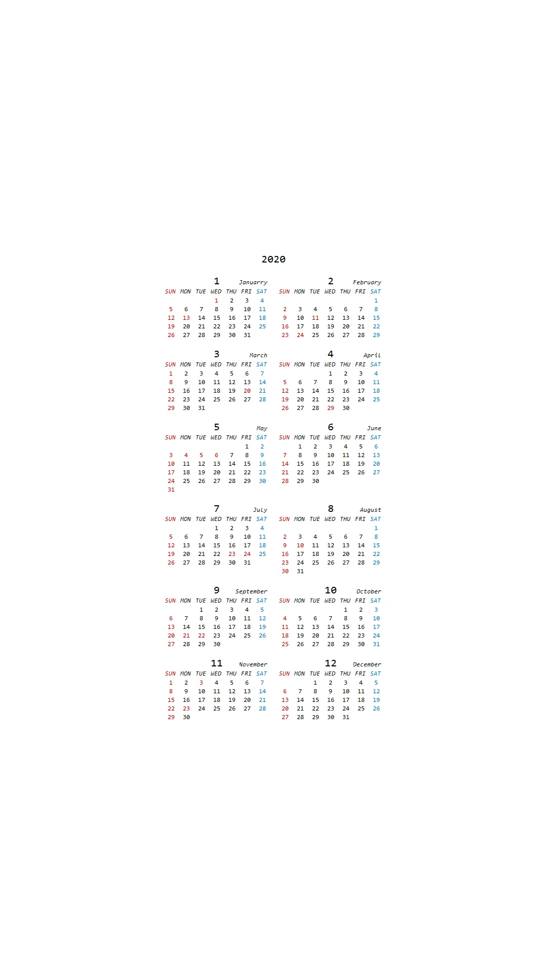 2020年カレンダー2列版