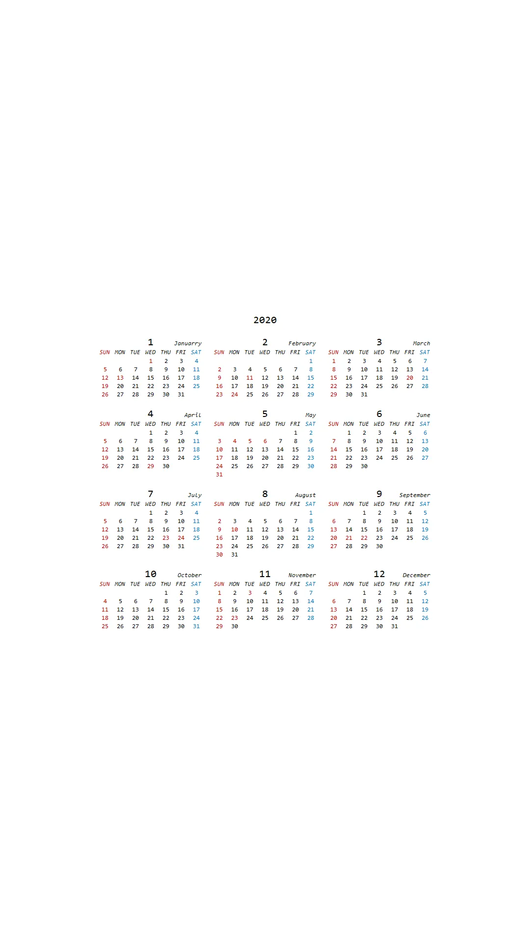 2020年カレンダー3列版