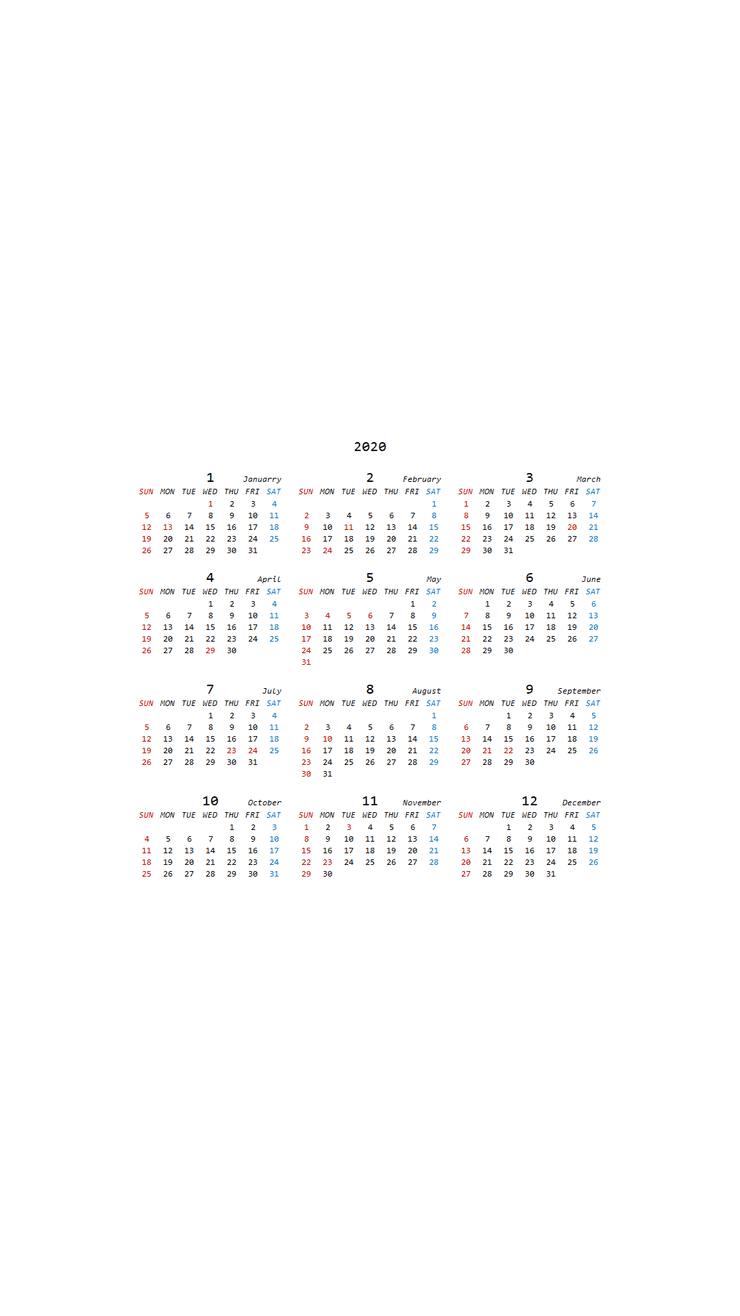2020年カレンダー3列版