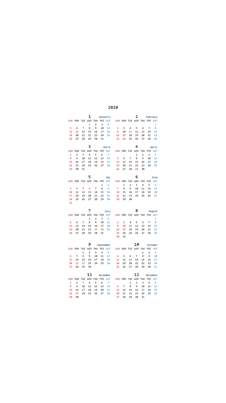 2020年カレンダー2列版